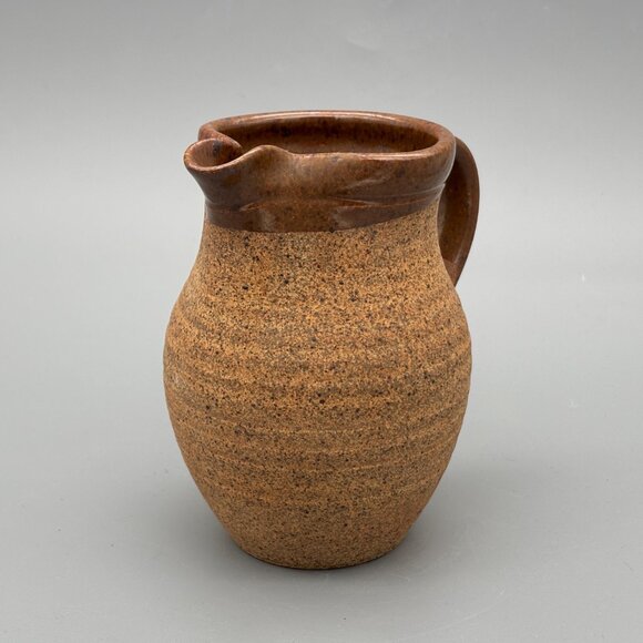 Vintage Studio Pottery Pitcher with Speckled Stoneware Texture Glazed Rim - Picture 2 of 7